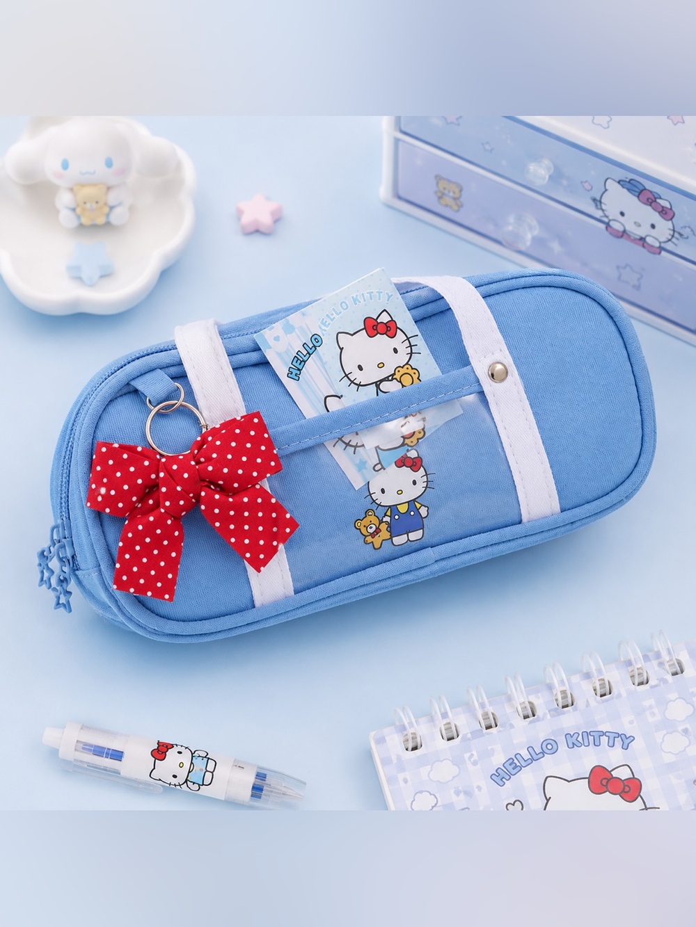Hello Kitty Light Blue Pencil Case with Red Polka Dot Bow